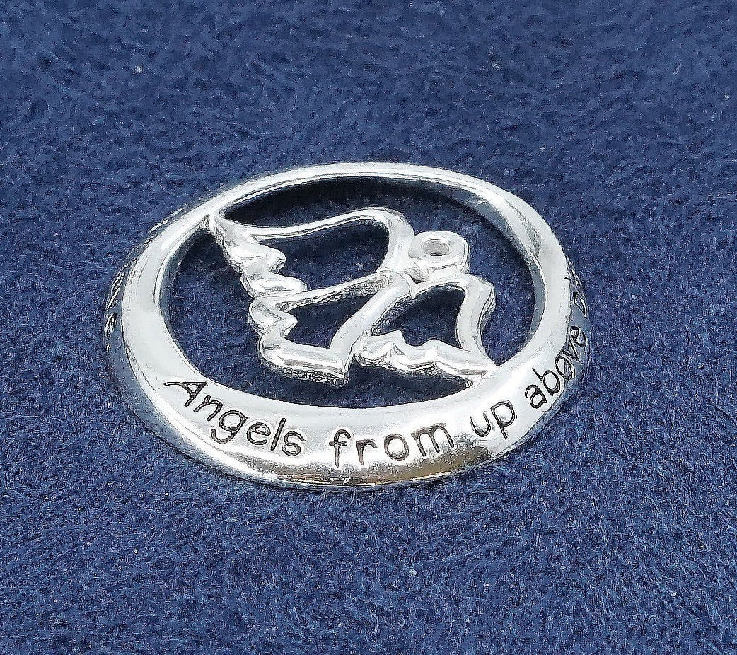 Sterling silver prayer pendant, 925 angel w/ "angels from above please protect