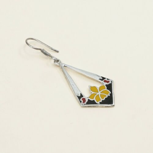 Vtg Sterling Earrings, Mexico 925 Silver Enamel Yellow Flower, Stamped TS-72