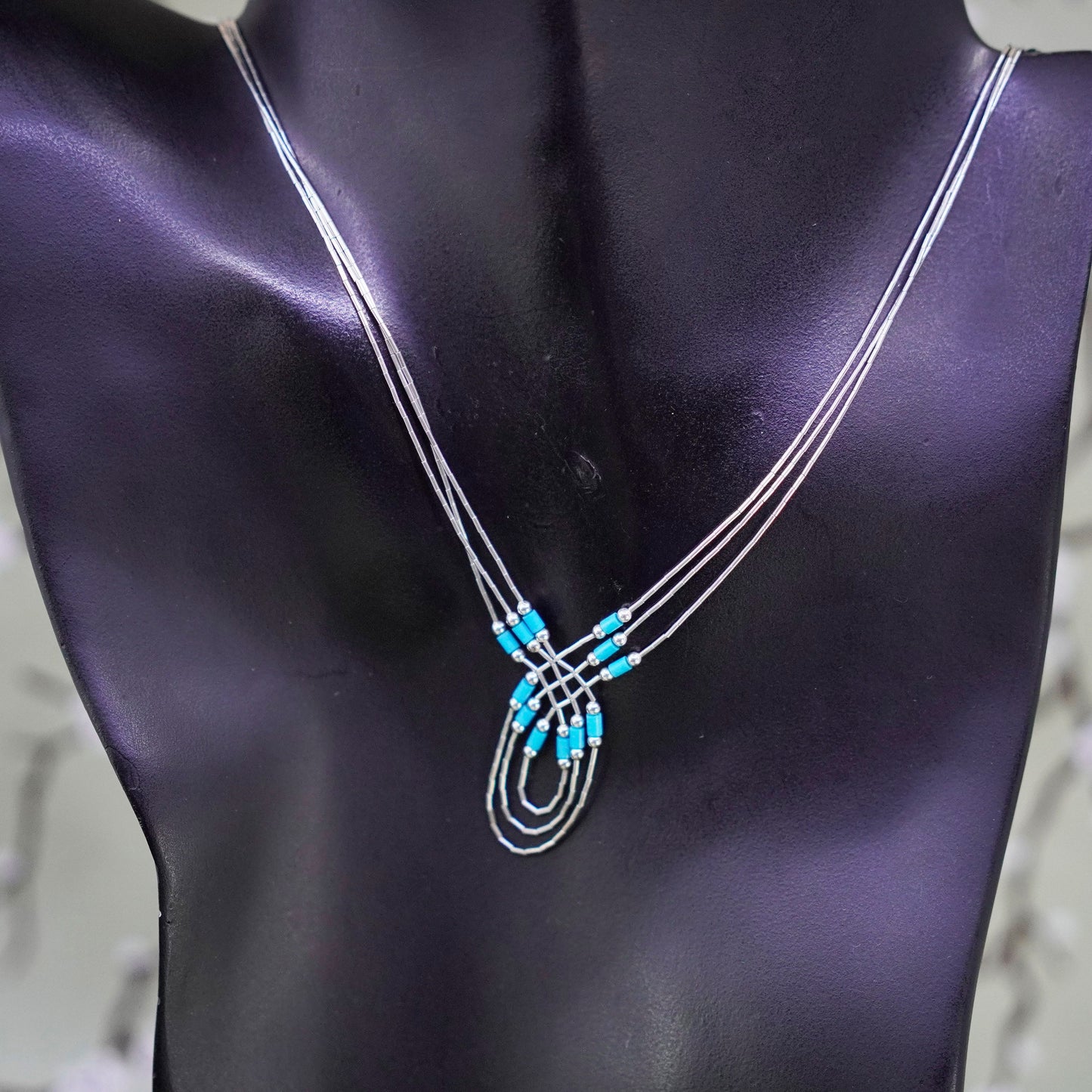 16”, liquid Sterling silver 3 strands necklace, Native American 925 turquoise