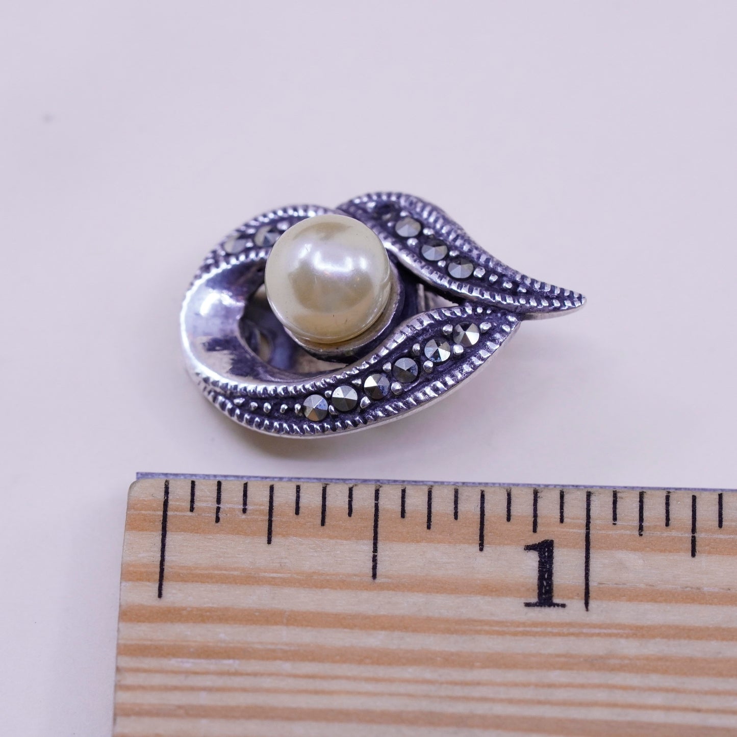 Sterling 925 silver handmade filigree clip on earrings with pearl and Marcasite