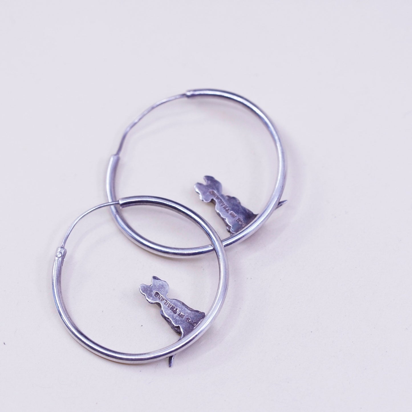 Vintage Sterling silver handmade earrings, 925 hoops with kitty cat