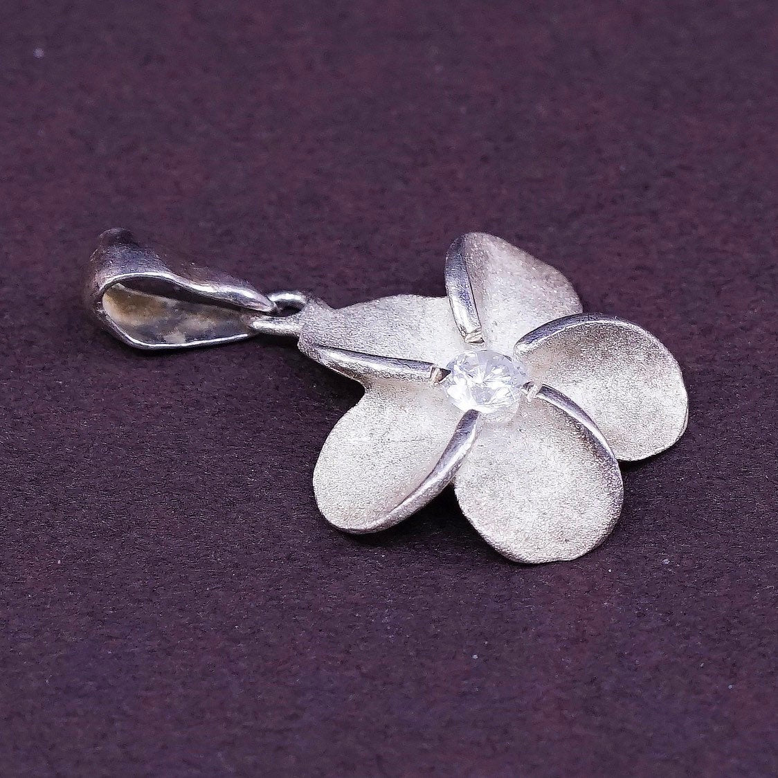 vtg Sterling silver handmade plumeria flower pendant, 925 charm w/ Cz