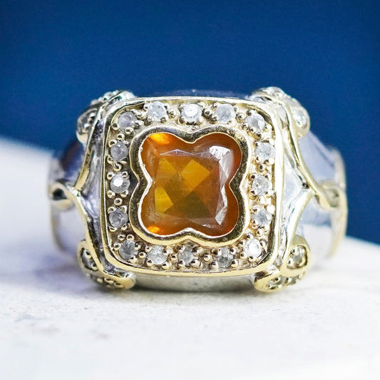 Size 7 vintage two tone Sterling 925 silver statement ring citrine white topaz
