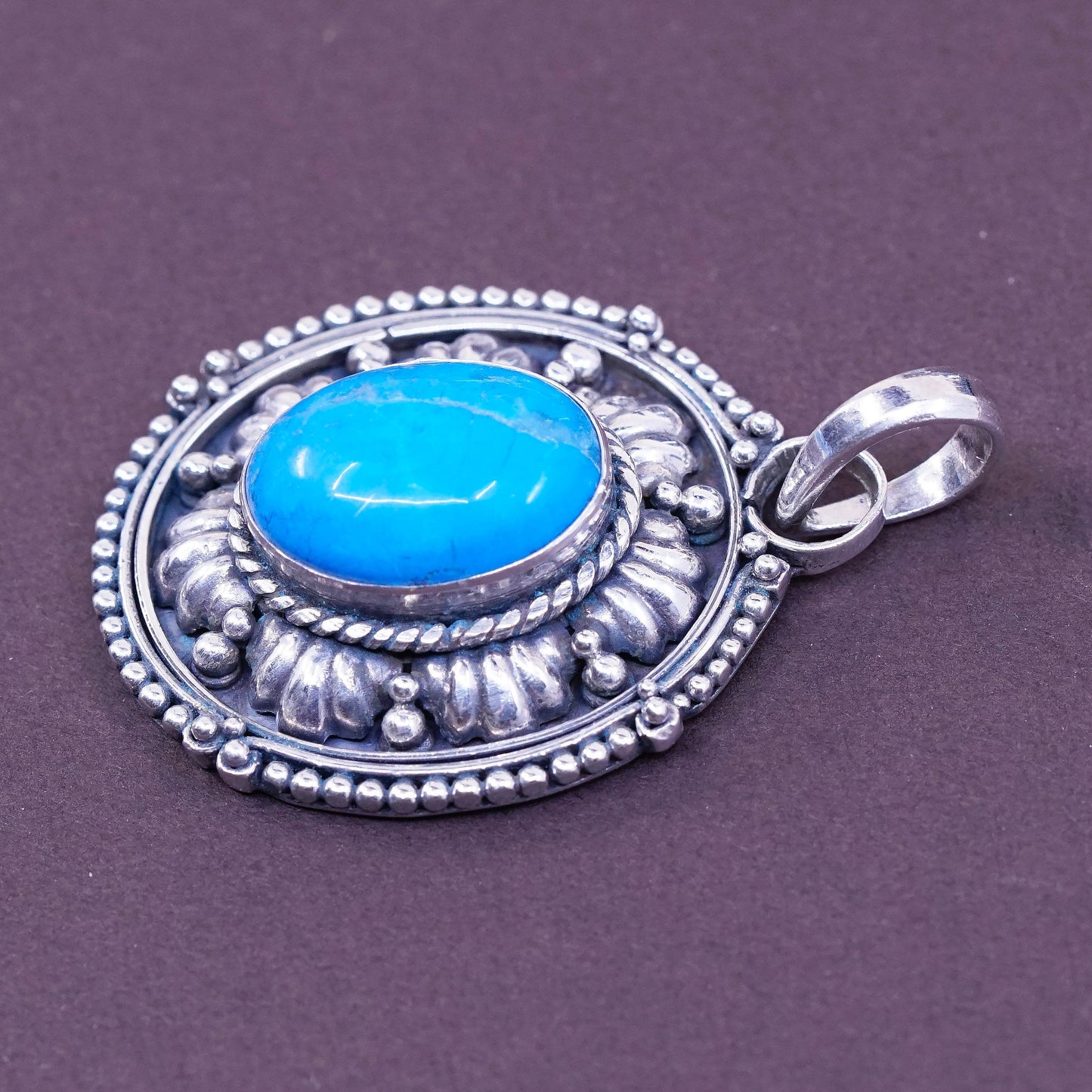 Vintage Sterling silver handmade pendant, 925 bali with oval turquoise