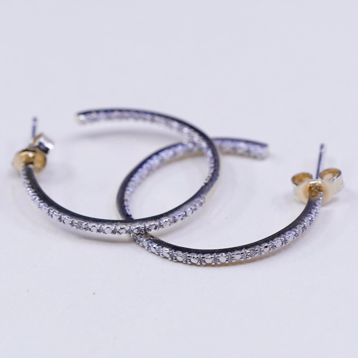 1”, JJJ vermeil gold sterling silver earrings, 925 hoops Huggie with diamond
