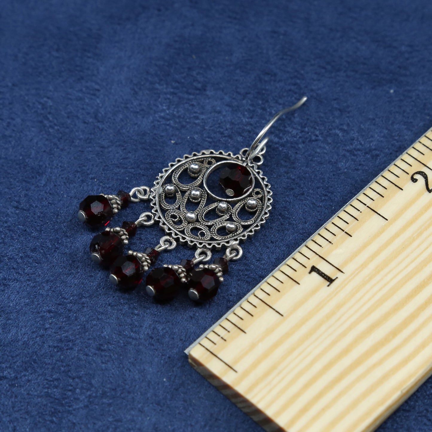 vtg Sterling silver handmade earrings, 925 filigree disk w/ Ruby cluster beads