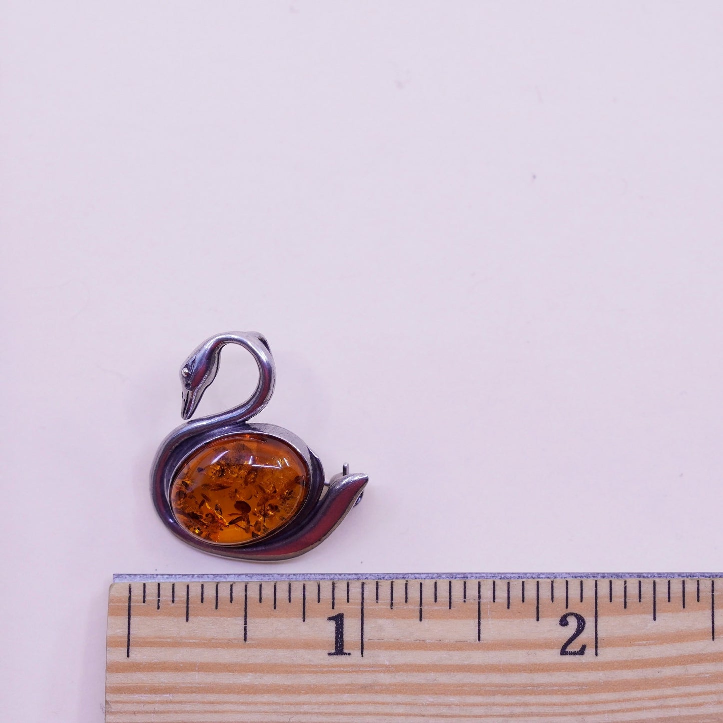 Vintage sterling silver handmade brooch, 925 swan bird amber pin pendant