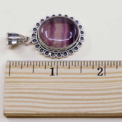 Vtg Sterling silver handmade pendant, solid 925 silver w/ fluorite, stamped 925