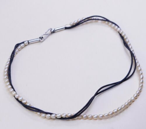 17” Vtg Sterling 925 Silver Clasp W Multi Strands Leather Necklace W/ Pearl Bead