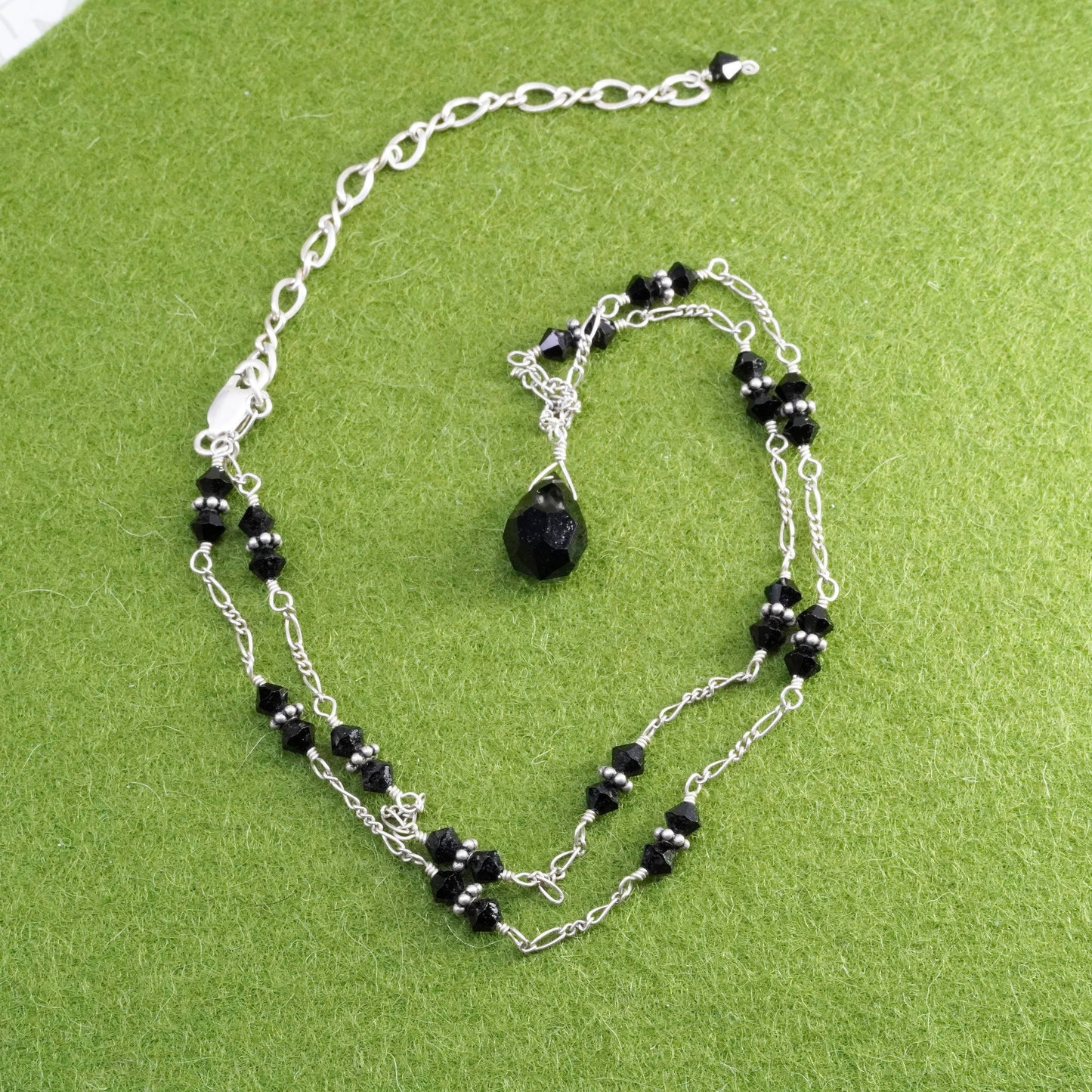 16+3”, sweater Sterling silver necklace, 925 figaro chain with obsidian beads