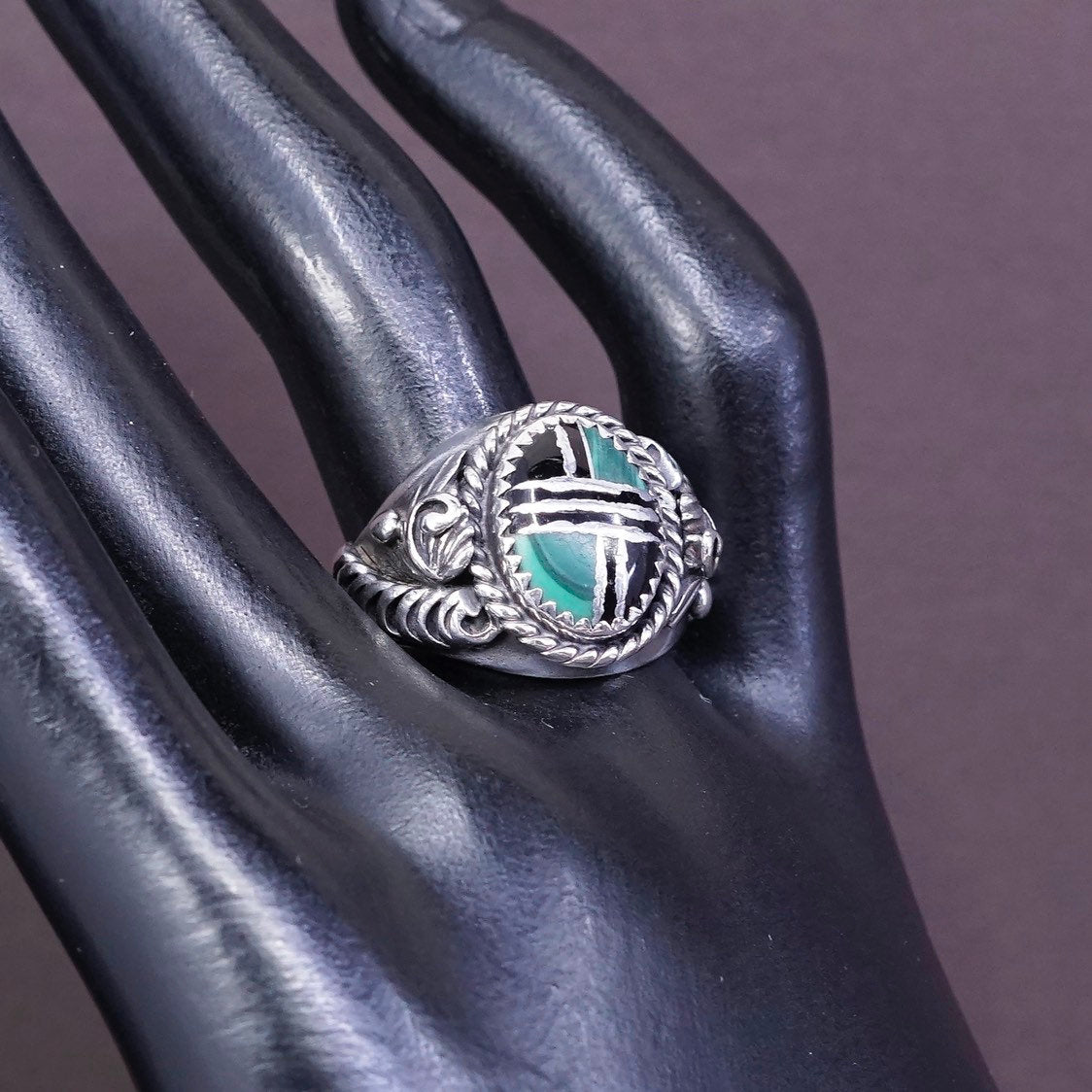 sz 9, vintage sterling silver handmade ring, 925 w/ obsidian N malachite