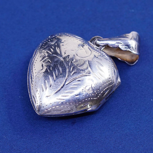 vtg Sterling silver handmade pendant, 925 heart photo locket w/ Pattern