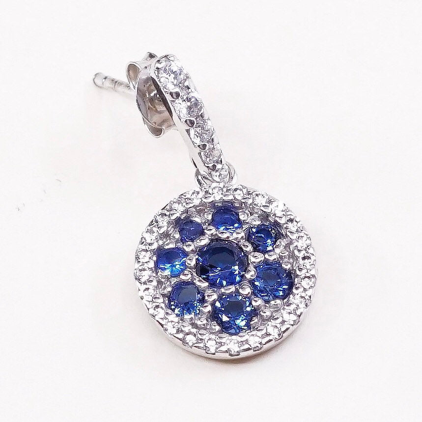 VTG Sterling silver handmade earrings, 925 circle dangles w/ blue crystal