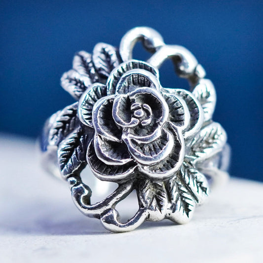 Size 7.5, vintage Sterling silver handmade ring, 925 rose flower leaves