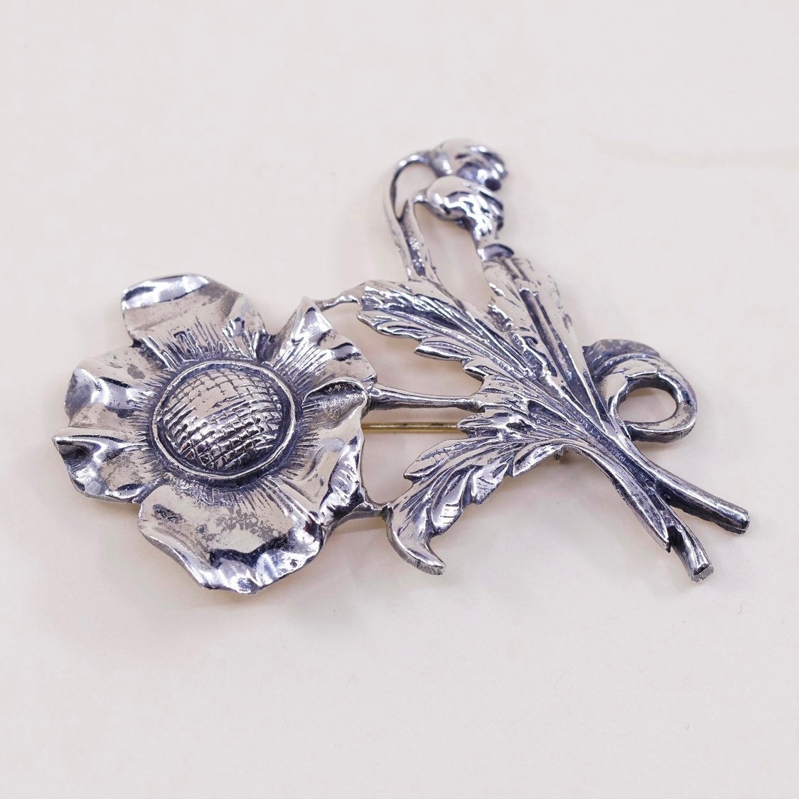 Vintage sterling silver handmade brooch, solid 925 silver flower pin