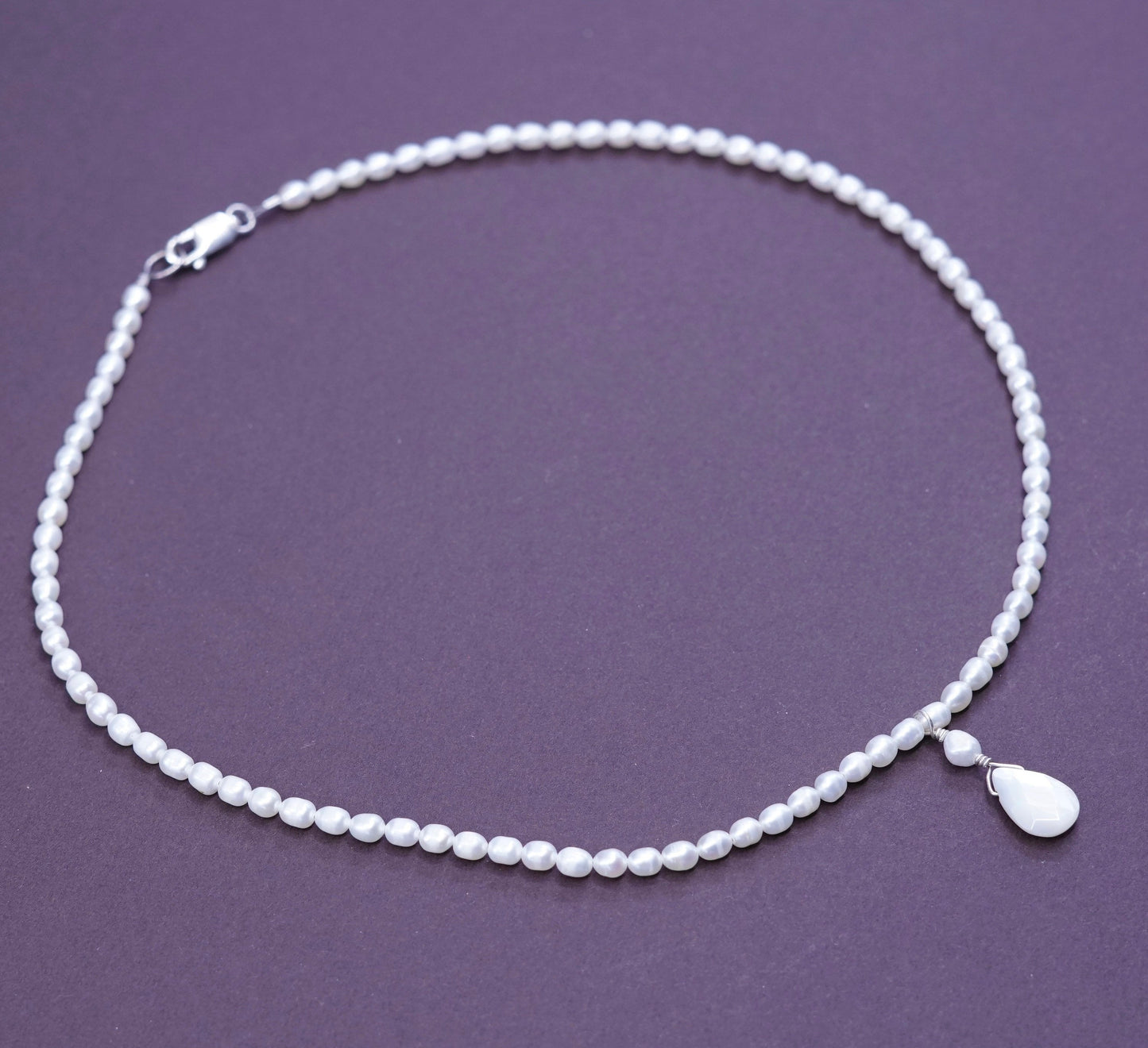 17”, vtg Sterling 925 silver handmade necklace, teardrop MOP pendant w/ pearl