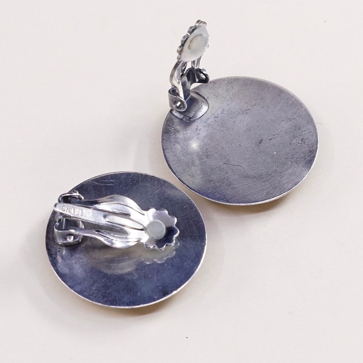 vtg sterling 925 silver handmade earrings, clip on earrings w/ flower cut out
