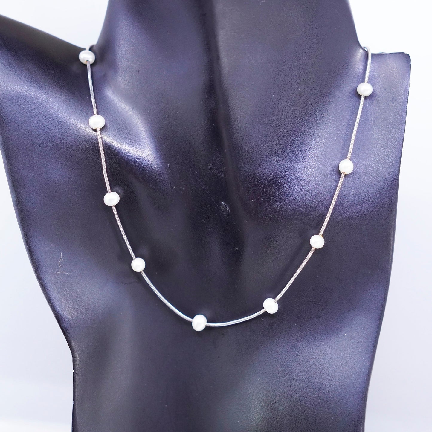 16”, vintage Sterling 925 silver handmade snake chain necklace with pearl beads