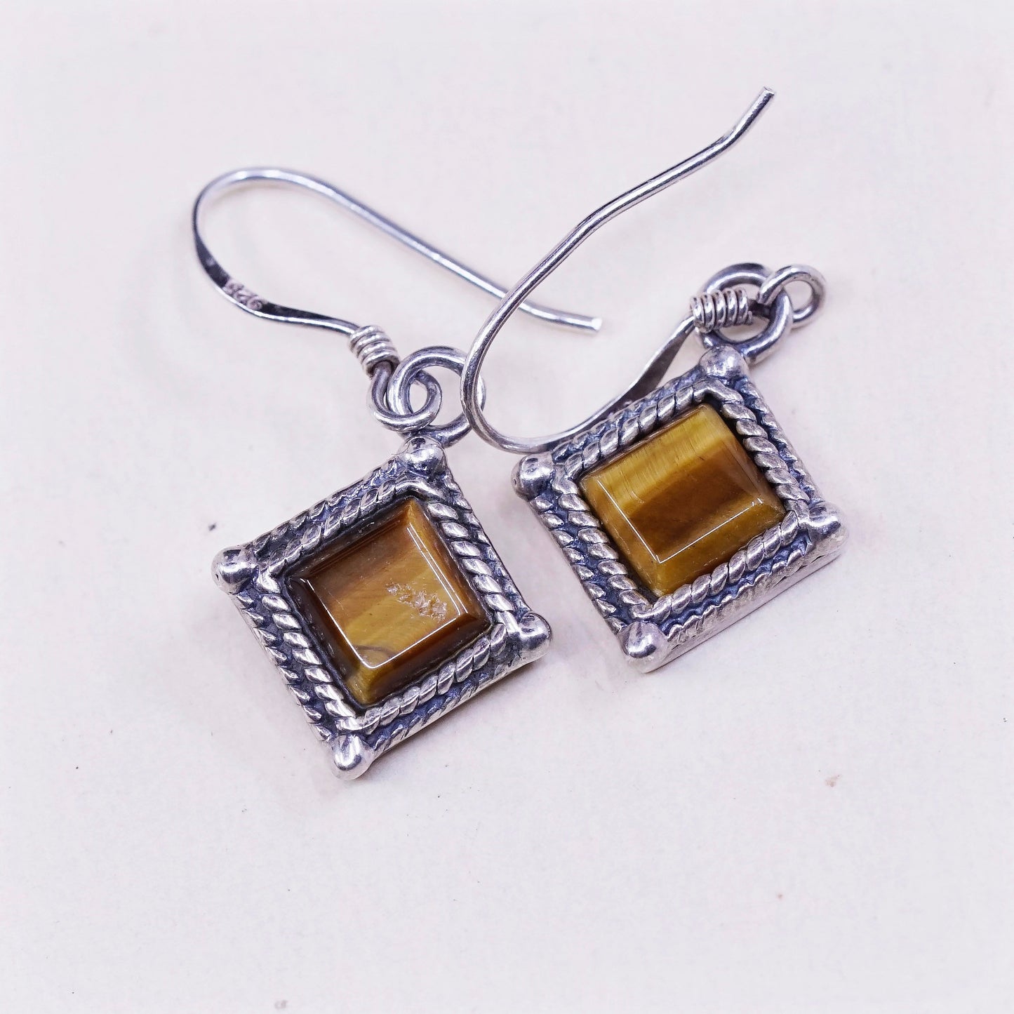 Vintage Sterling 925 silver handmade earrings with square tiger eye dangles