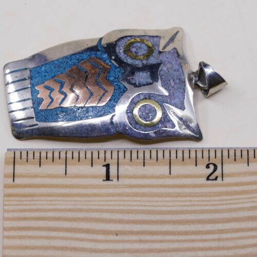 Vtg Two Tone Alpca Silver Handmade Huge Owl Pendant W/ Turquoise Inlay