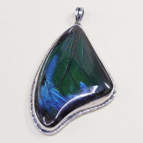 Vintage Sterling Silver Handmade Pendant, 925 With Resin Blue Butterfly Wing