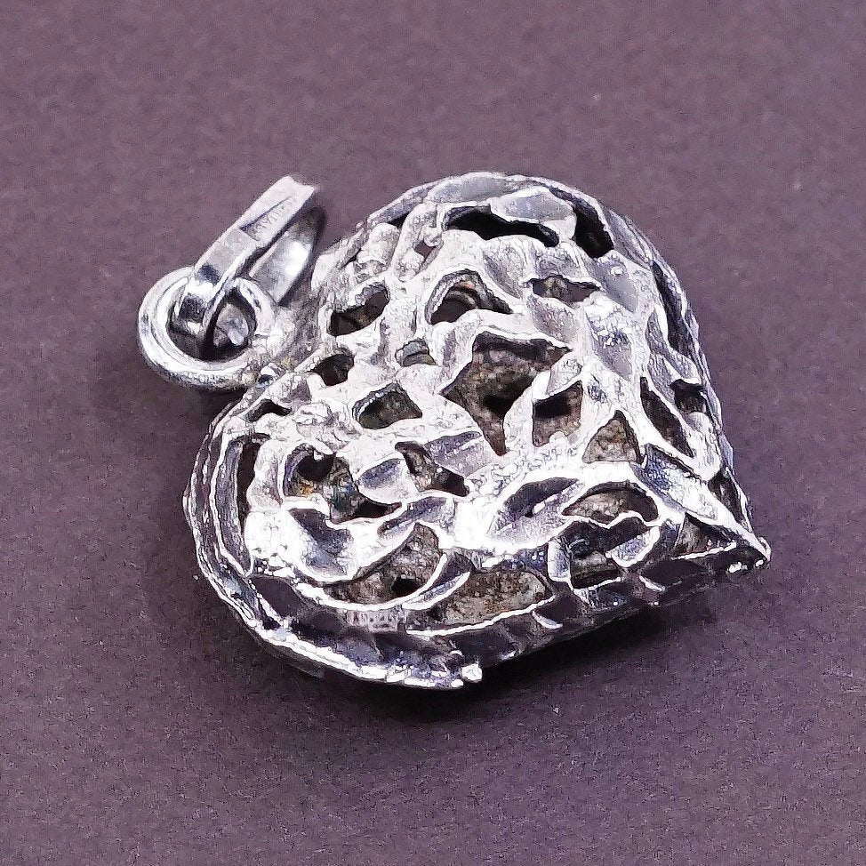 VTG Sterling silver handmade pendant, 925 silver filigree puffy heart pendant