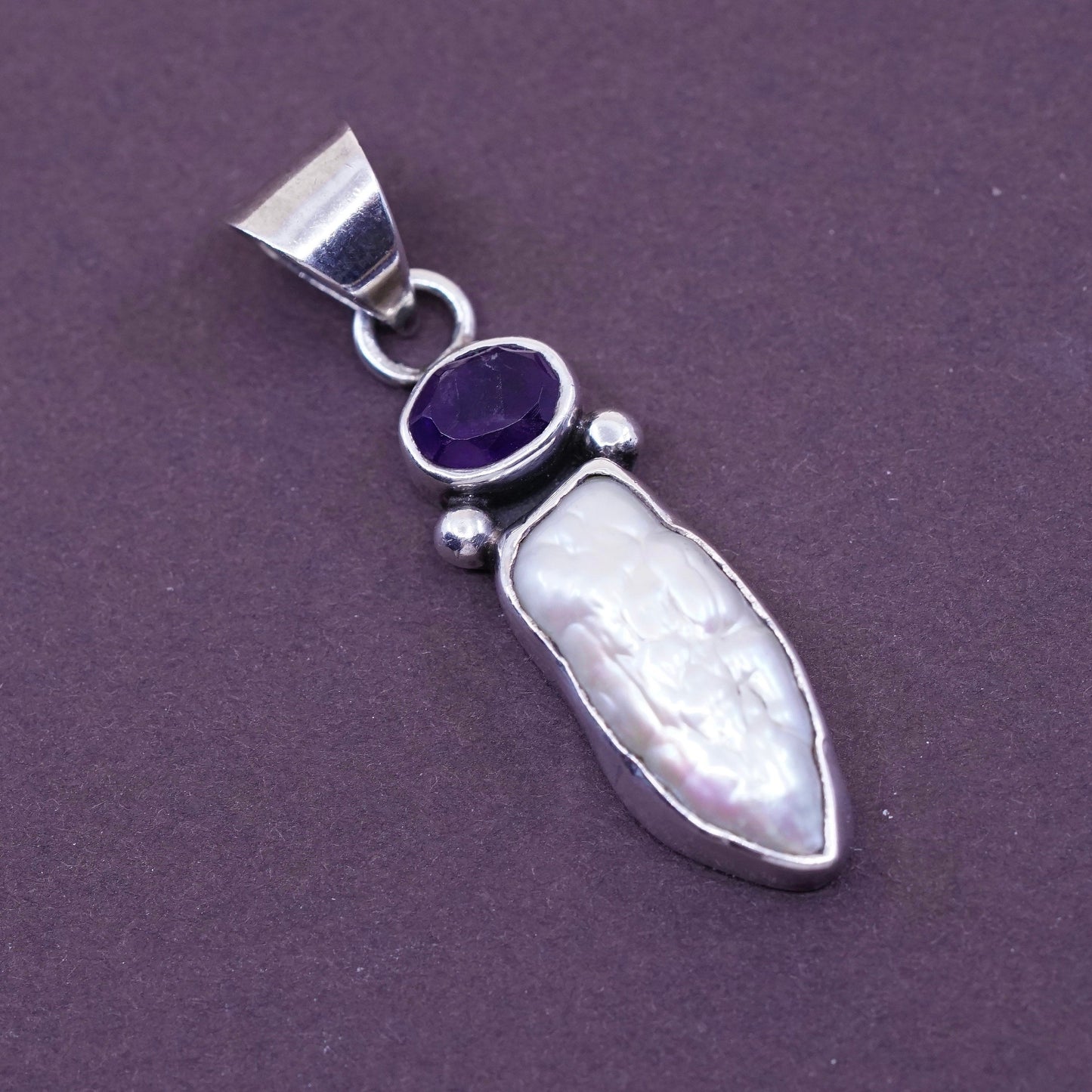 vtg Sterling silver handmade pendant, 925 slide pendant with amethyst and pearl