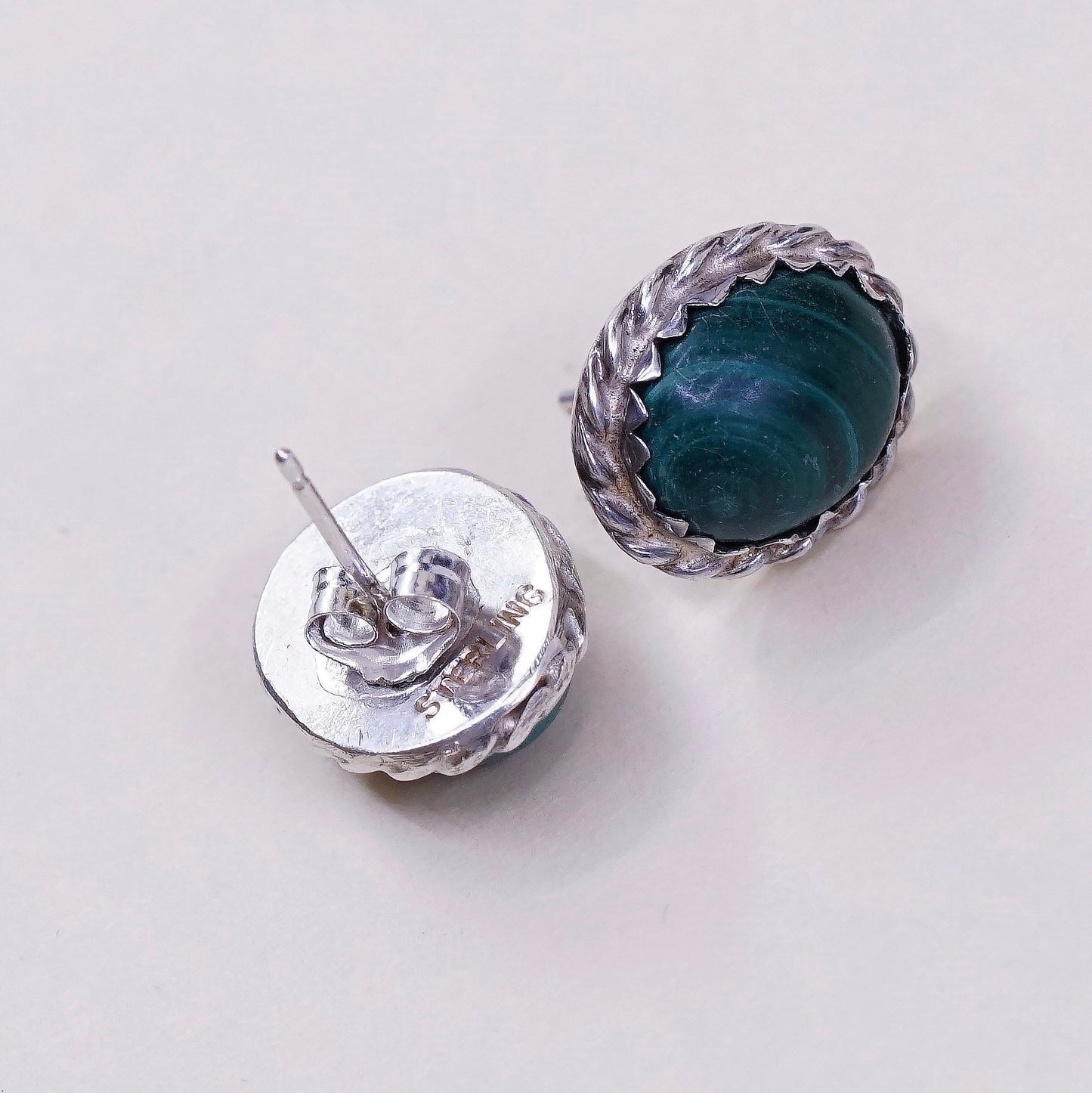 Native American Sterling silver handmade earrings, 925 studs w/ malachite