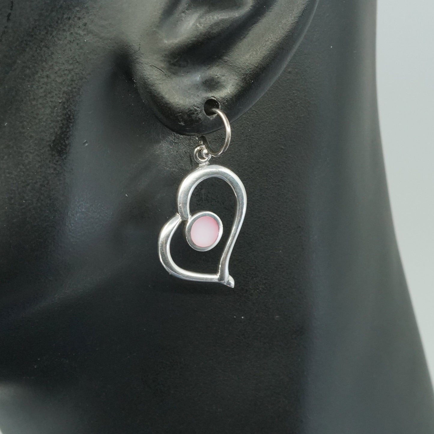 vtg Sterling silver handmade earrings, 925 heart drops w/ pink mother of pearl