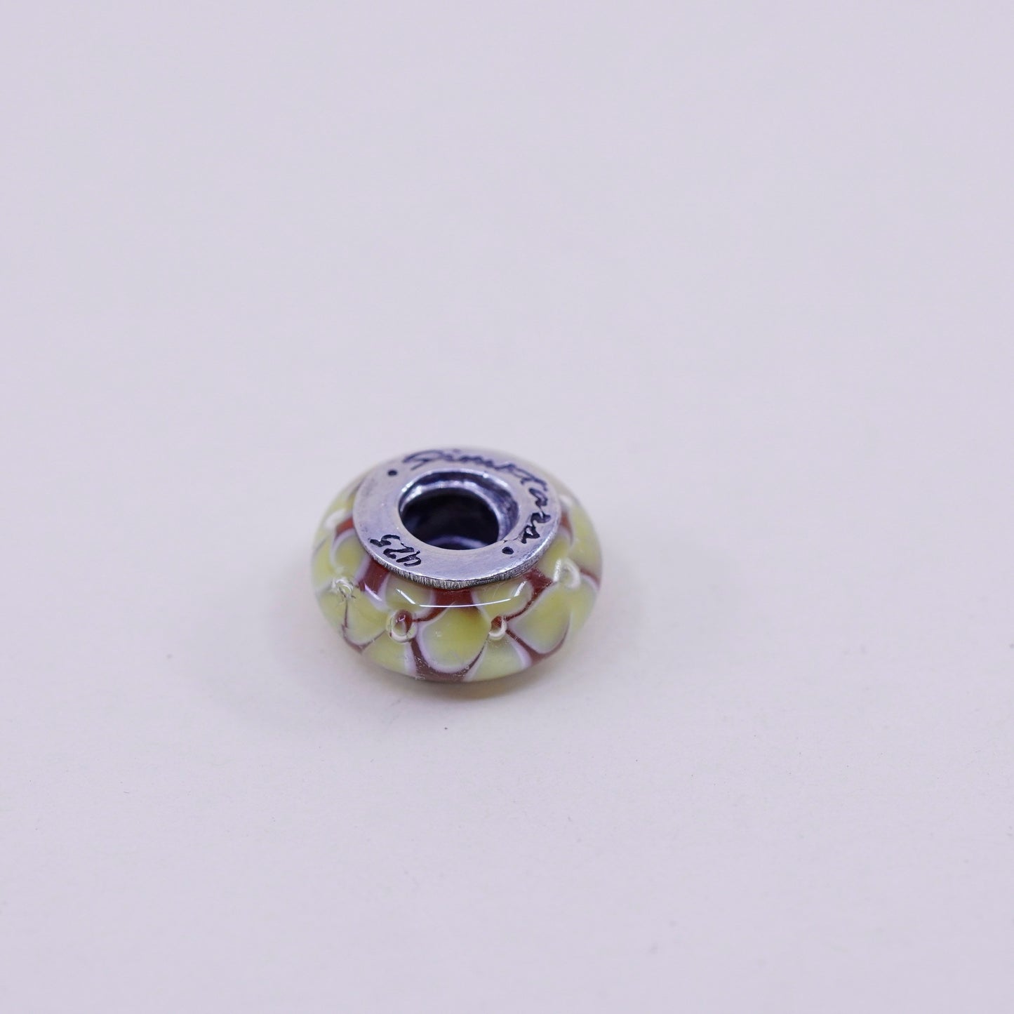 Vintage Sterling 925 silver handmade yellow floral Murano glass bead charm