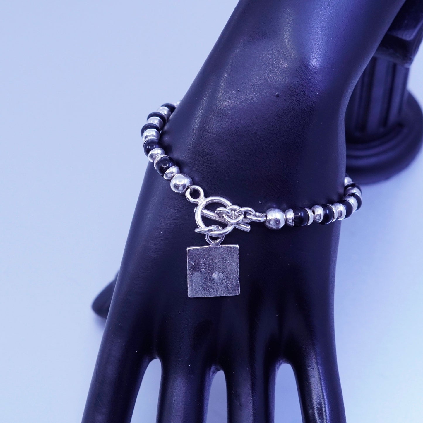 6.75”, vintage Sterling 925 silver bracelet obsidian beads and square tag charm