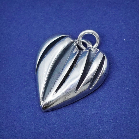 Vintage sterling silver handmade pendant, solid ribbed 925 heart charm