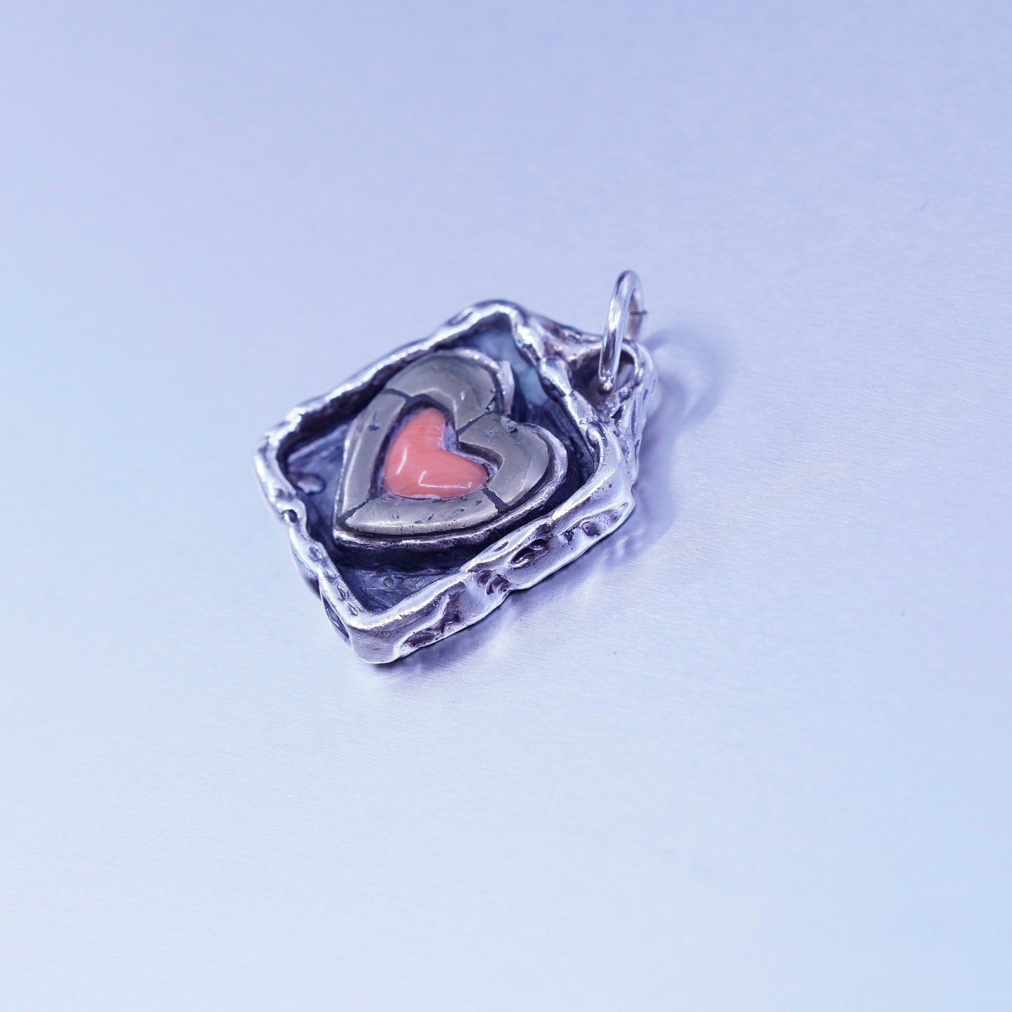 peyote bird sterling 925 silver rectangular pendant w/ hematite coral heart