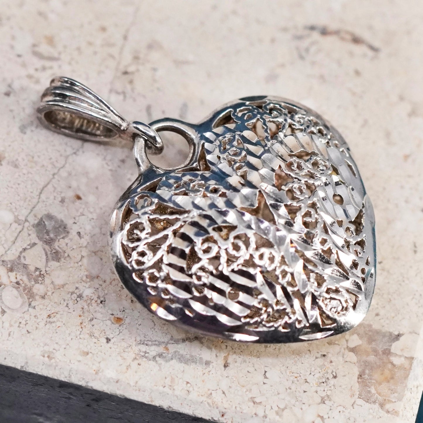 Vintage Sterling silver handmade pendant, 925 puffy filigree heart