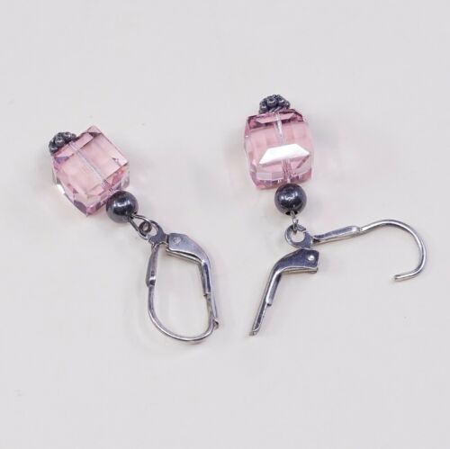 Vtg Sterling silver Handmade earrings w/ Pink Crystal Beads, Stamped 925