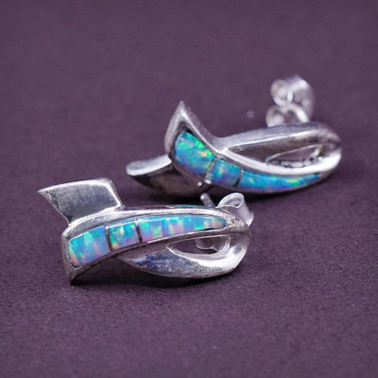 VTG EA Sterling silver handmade earrings, studs, 925 studs w/ fire opal