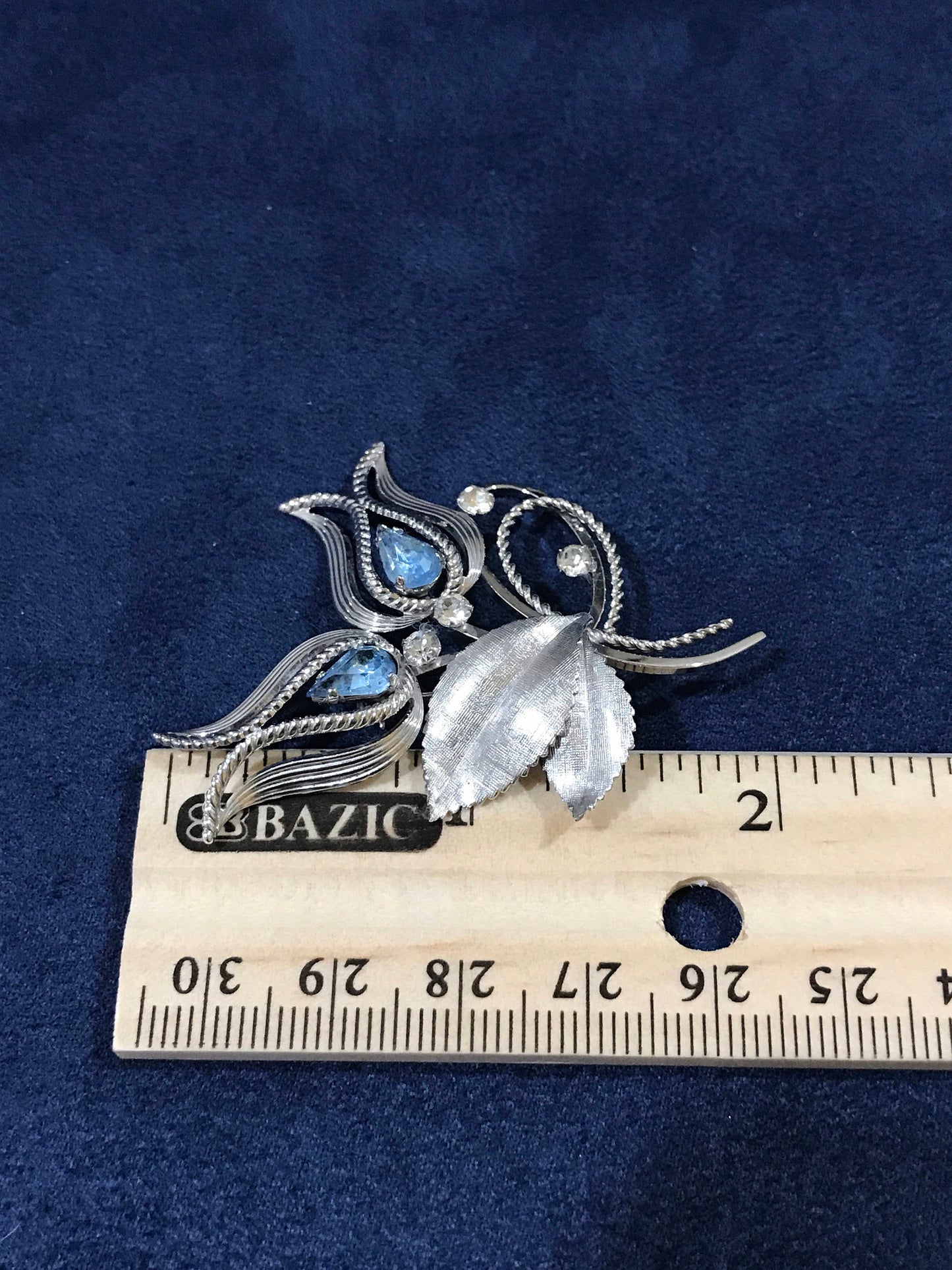 vandell Sterling silver handmade brooch 1950s 925 flower pin w/ blue rhinestone