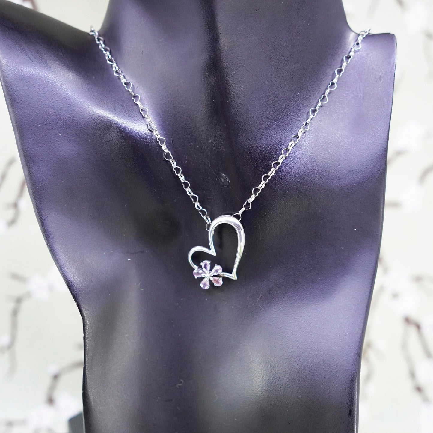 18”, VAR sterling silver handmade necklace, 925 chain heart Pendant amethyst