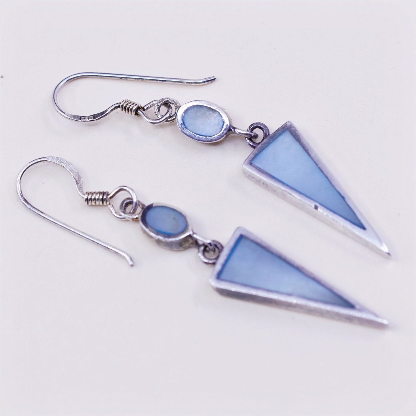 Vintage sterling 925 silver handmade earrings with triangular blue mother of pearl drop, stamped 925