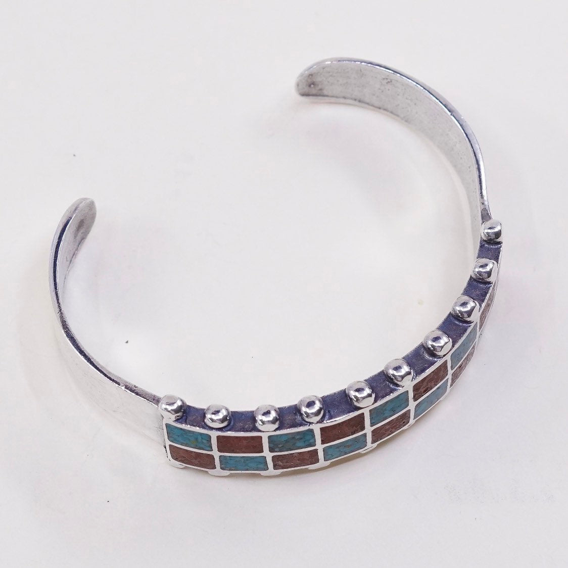 6.5", VTG mexico sterling silver cuff w/ turquoise and coral, handmade bracelet