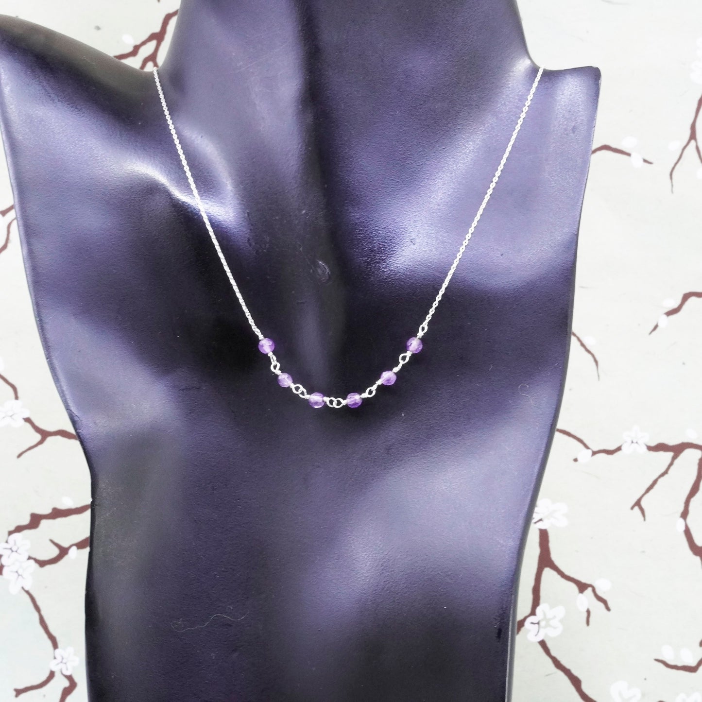 17”, Sterling silver handmade necklace, 925 circle chain with amethyst beads