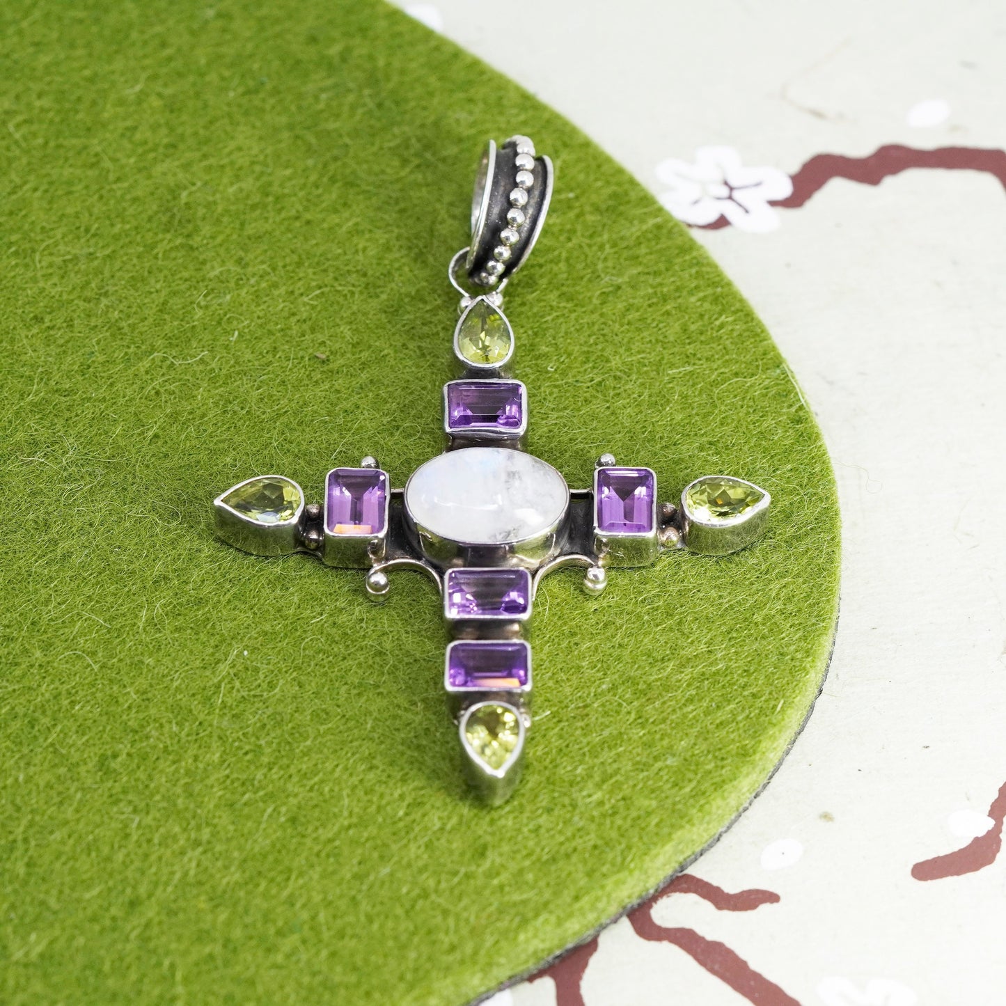 Vintage Sterling 925 silver handmade pendant with moonstone amethyst peridot