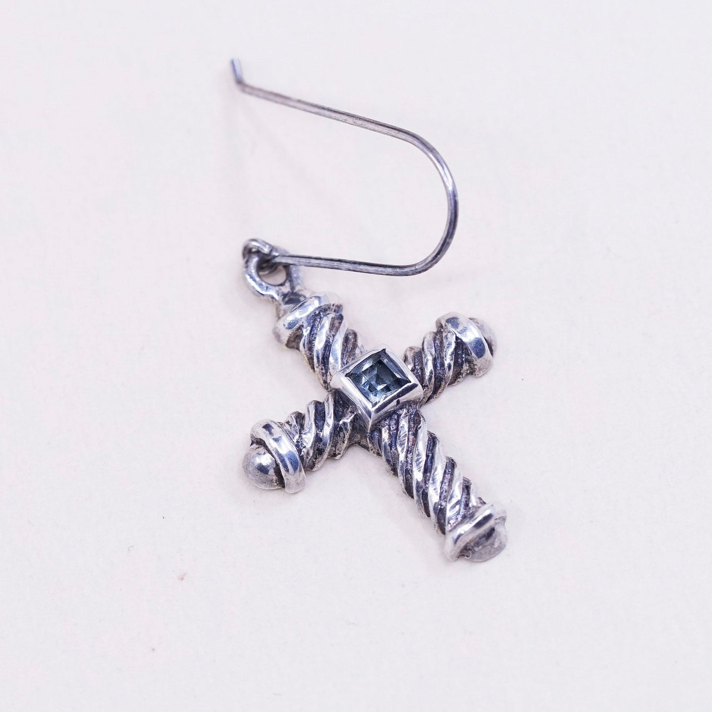 vtg Sterling silver handmade earrings, 925 silver twisted cross with topaz