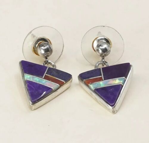 Vtg Zuni Sterling Silver Handmade Earrings, 925 Silver W/ Amethyst N Opal