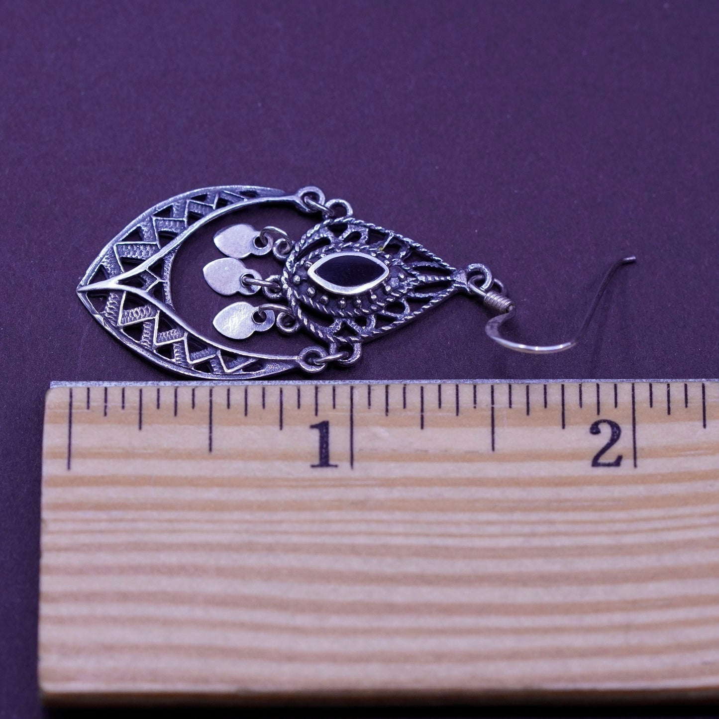 Vintage Sterling 925 silver handmade filigree earrings with obsidian