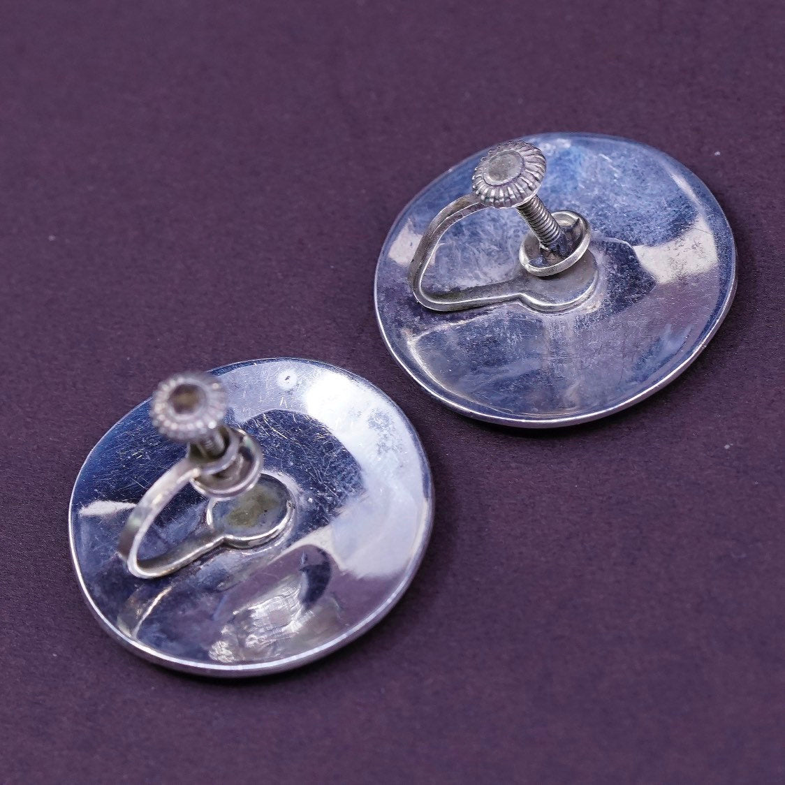 vtg Sterling silver handmade screw back earrings, 925 circle w/ abalone