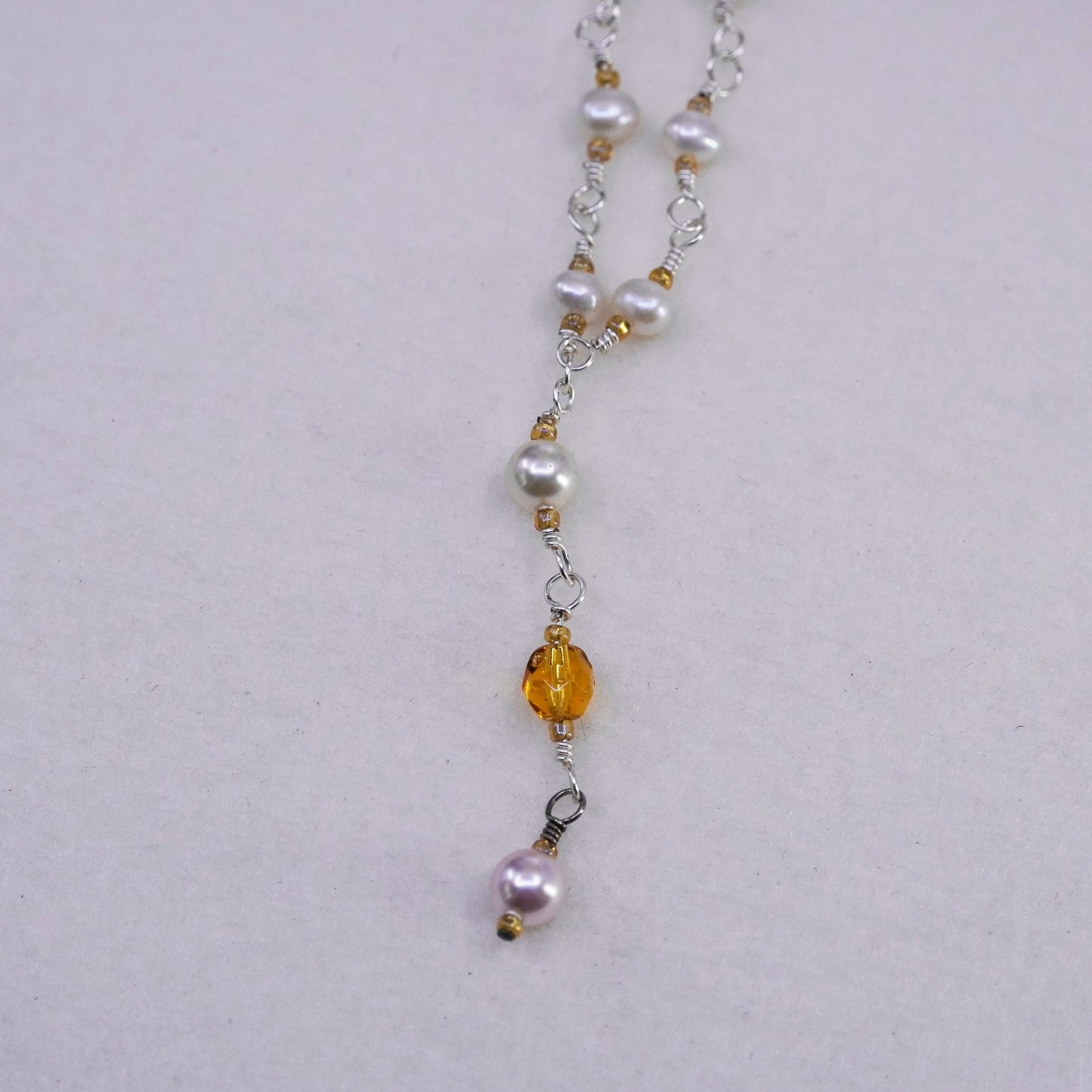 18”, vintage Sterling 925 silver pearl chain necklace w/ pearl citrine pendant