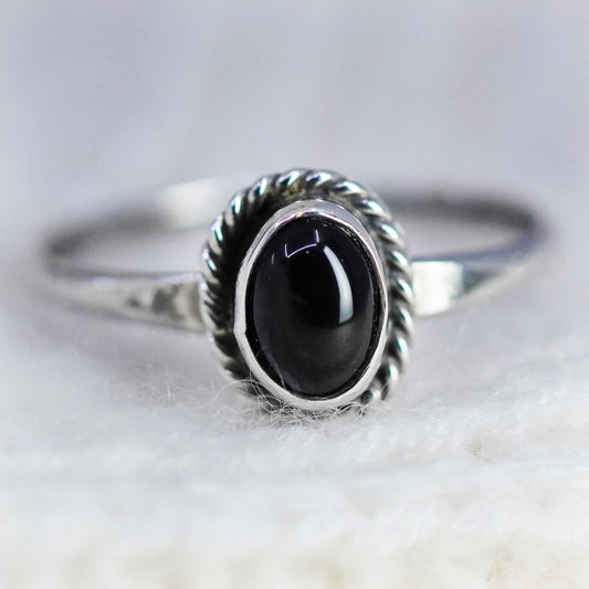 Size 9, Native American HB sterling silver 925 stackable ring w/ oval obsidian