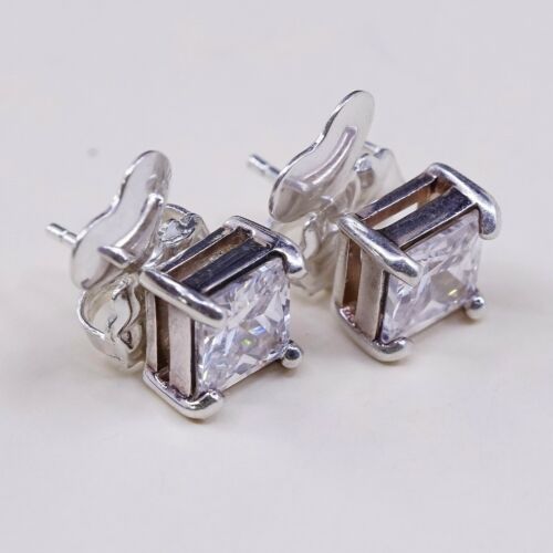 Vtg Sterling Silver Earrings, 925 Silver W/ Square 8mm Cz Studs, Stamped 925