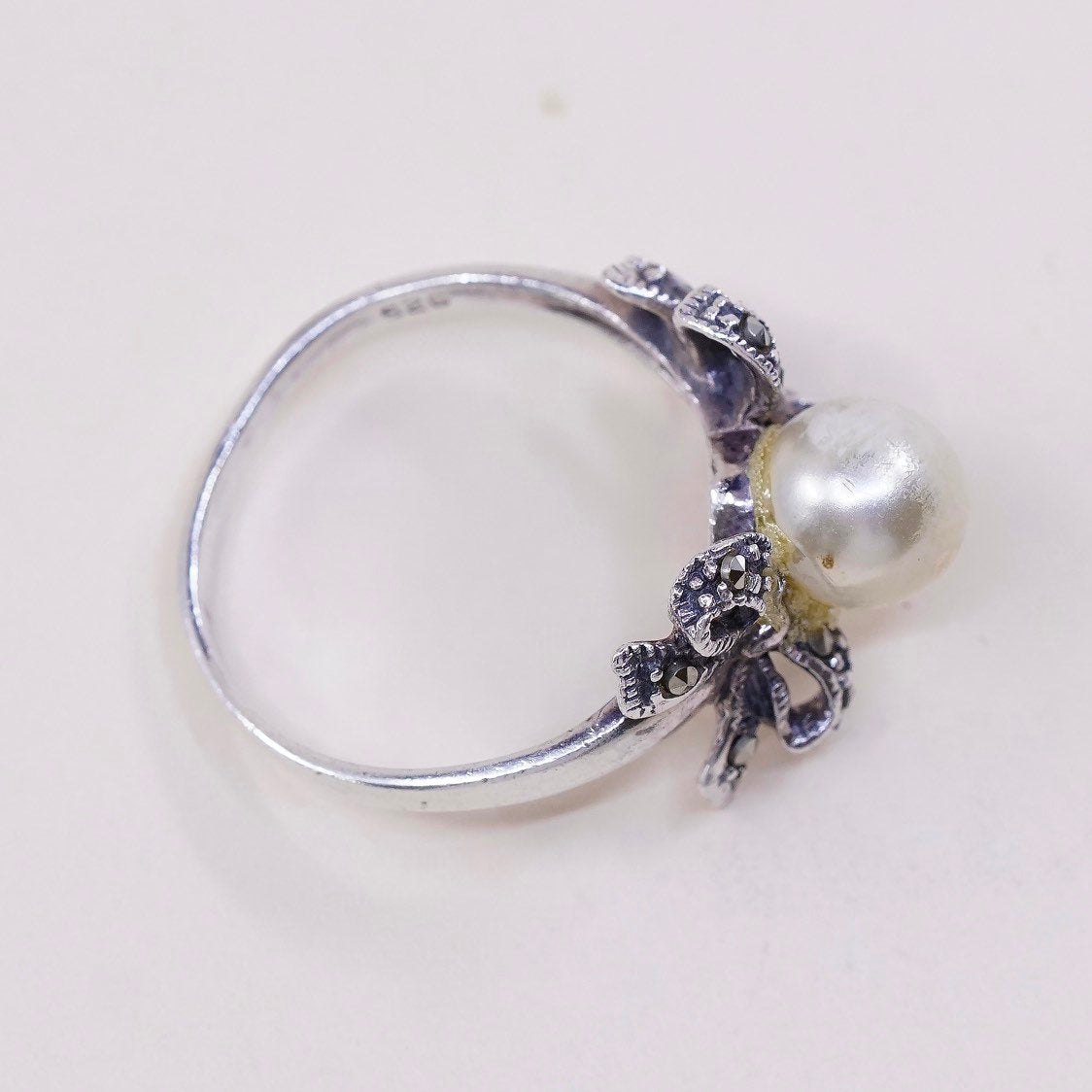 sz 6.75, vtg sterling silver handmade ring, 925 w/ faux pearl n marcasite